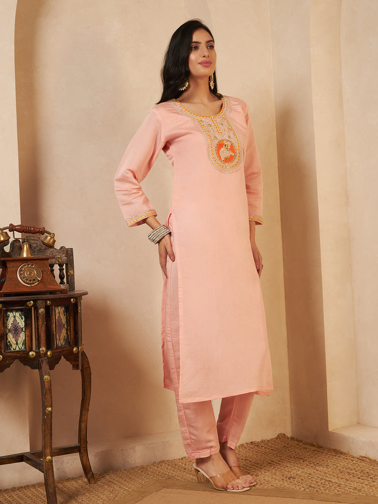 Women's Pink Cream Viscose Emroidery Coding Work Kurta Set