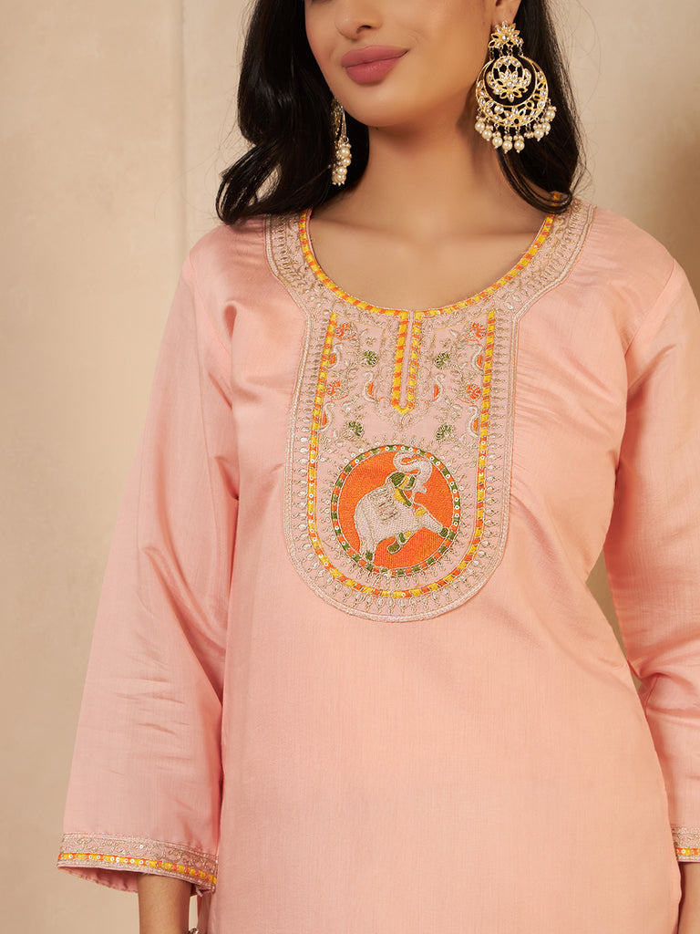 Women's Pink Cream Viscose Emroidery Coding Work Kurta Set