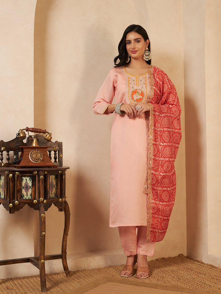 Women's Pink Cream Viscose Emroidery Coding Work Kurta Set