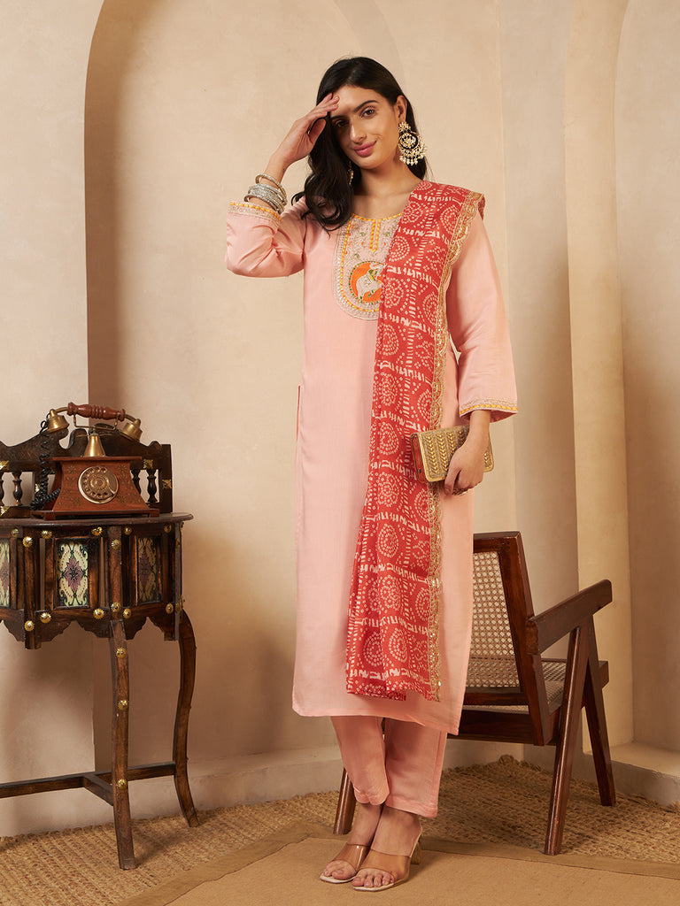Women's Pink Cream Viscose Emroidery Coding Work Kurta Set