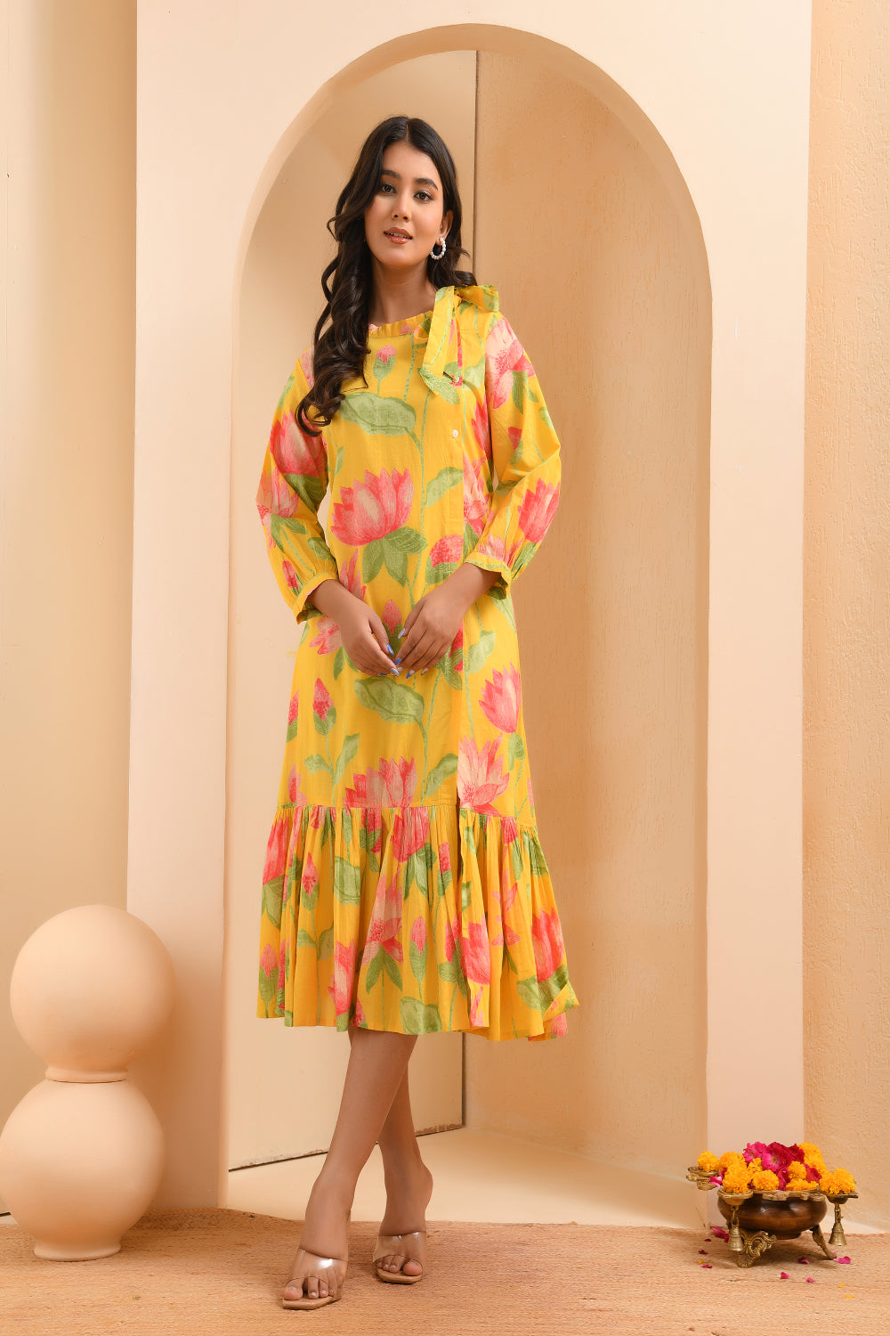 Women's Lemon Cotton Blend Printed Dress Yellow / S