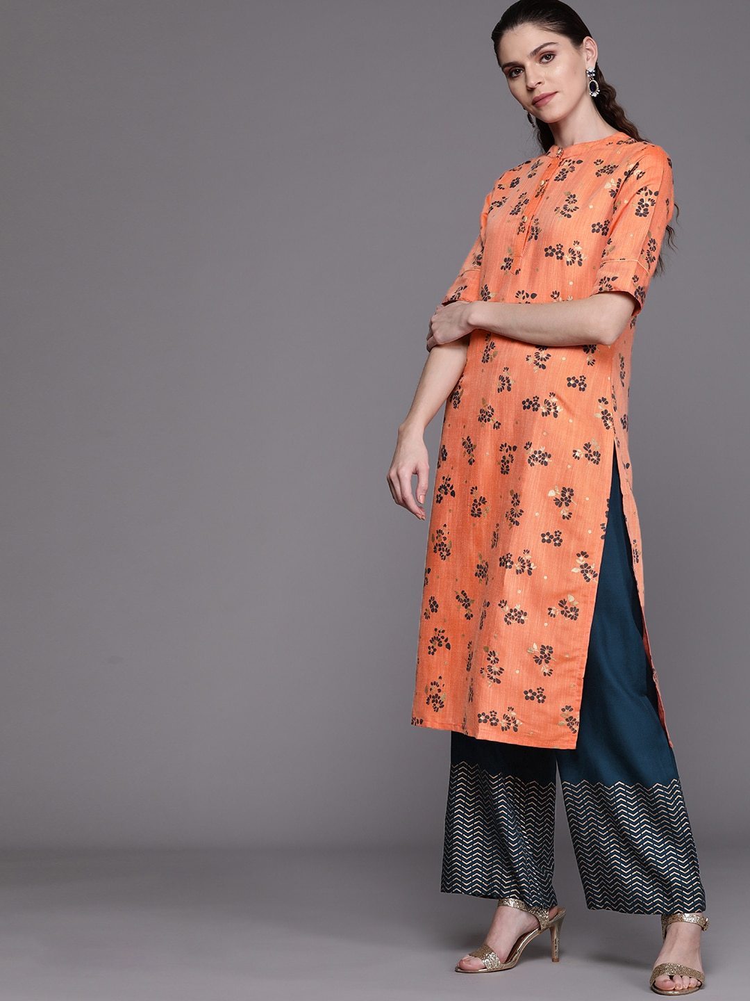 Women's  Peach-Coloured & Teal Blue Floral Print Kurta with Palazzos