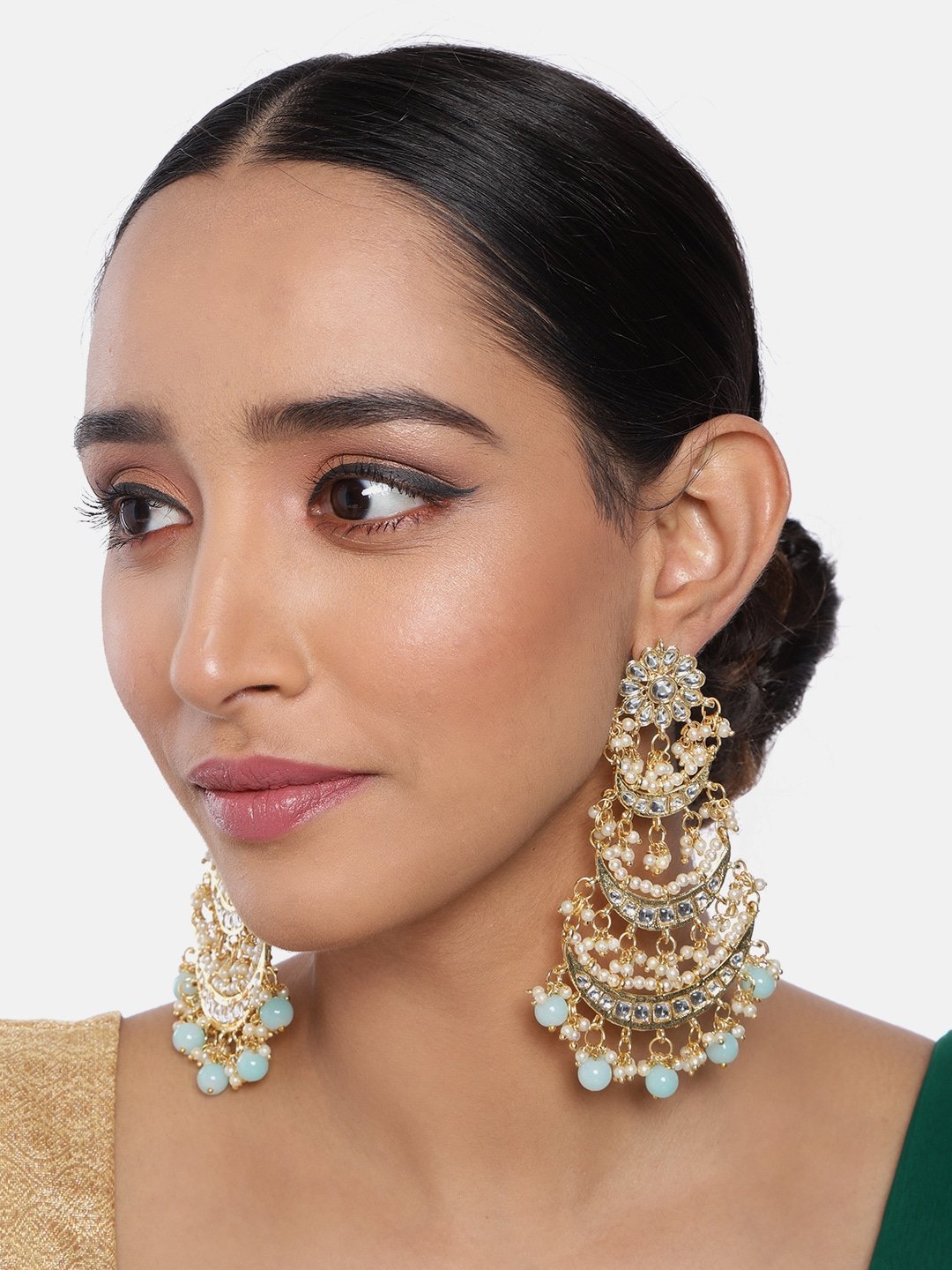 Women's Turquoise Gold Plated 3 Layered Beaded Chandbali Earrings With Kundan And Pearl Work