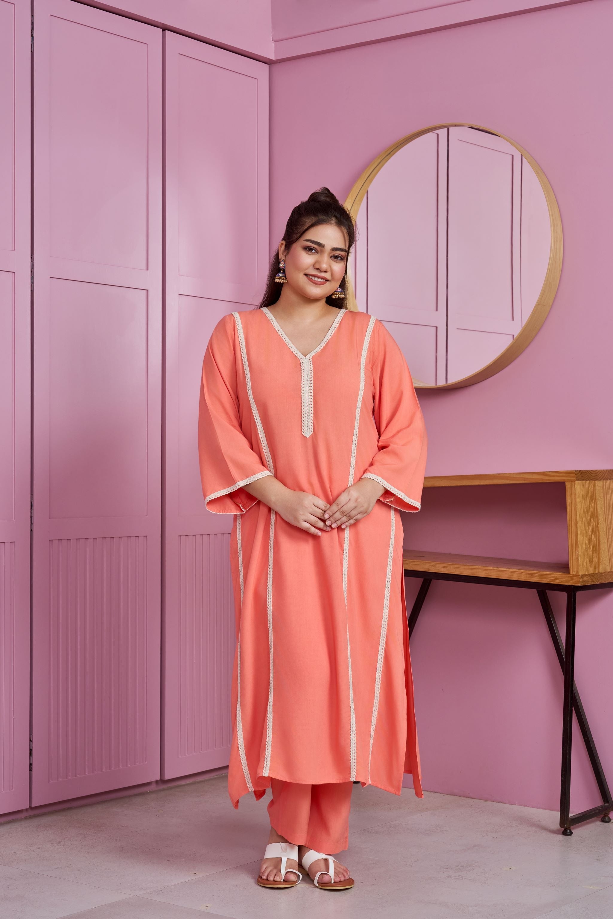 Women's Coral Peach Modal Kurta Set With Lace Accents (Set Of 2) - Nangalia Ruchira