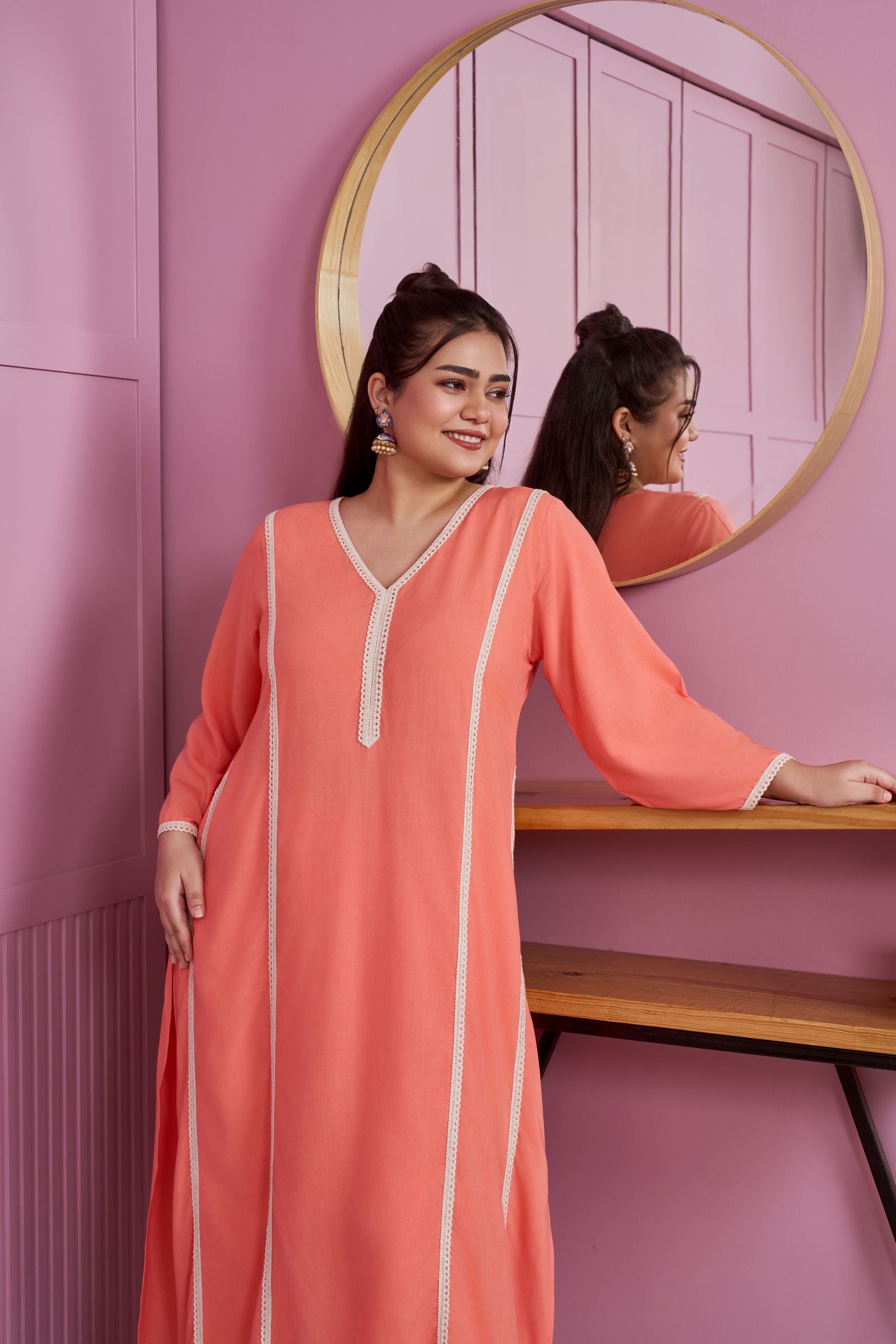 Women's Coral Peach Modal Kurta Set With Lace Accents (Set Of 2) - Nangalia Ruchira