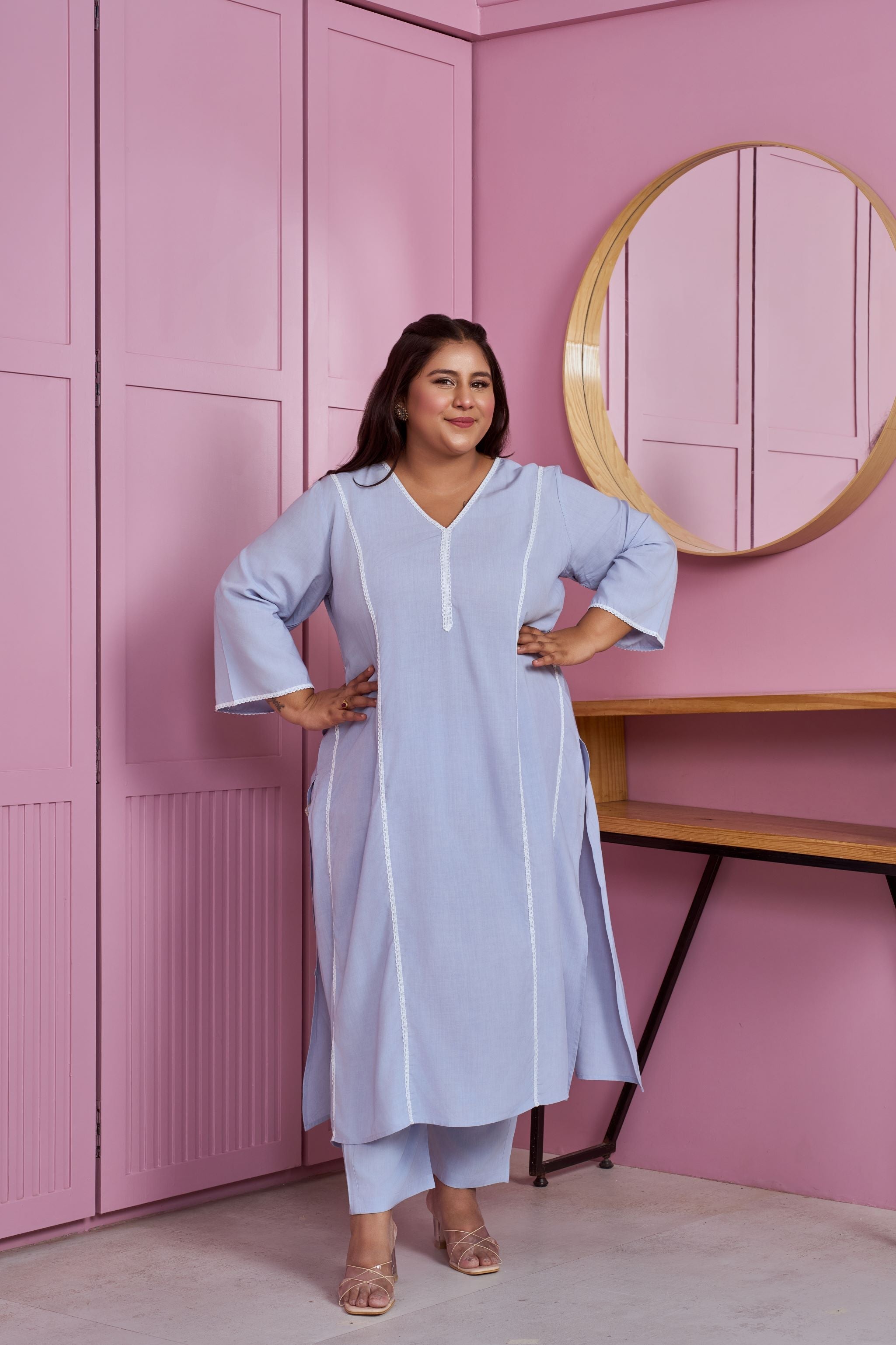 Women's Powder Blue Modal Kurta Set With Lace Accents (Set Of 2) - Nangalia Ruchira