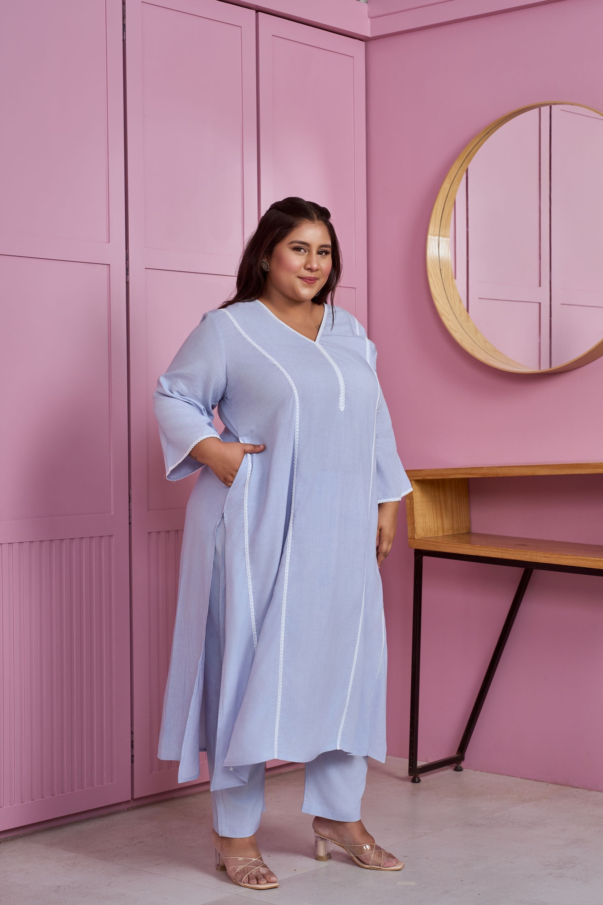Women's Powder Blue Modal Kurta Set With Lace Accents (Set Of 2) - Nangalia Ruchira