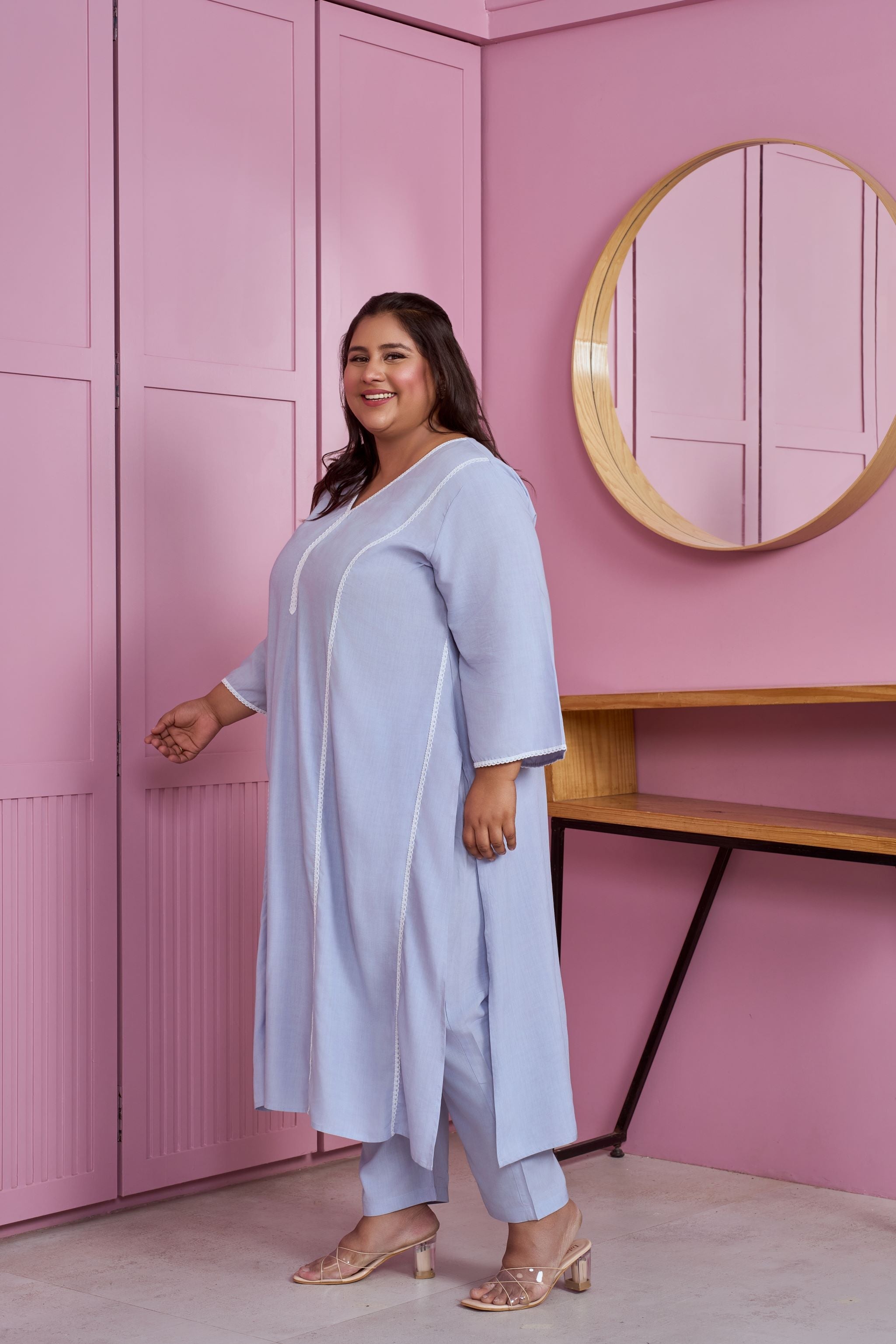 Women's Powder Blue Modal Kurta Set With Lace Accents (Set Of 2) - Nangalia Ruchira