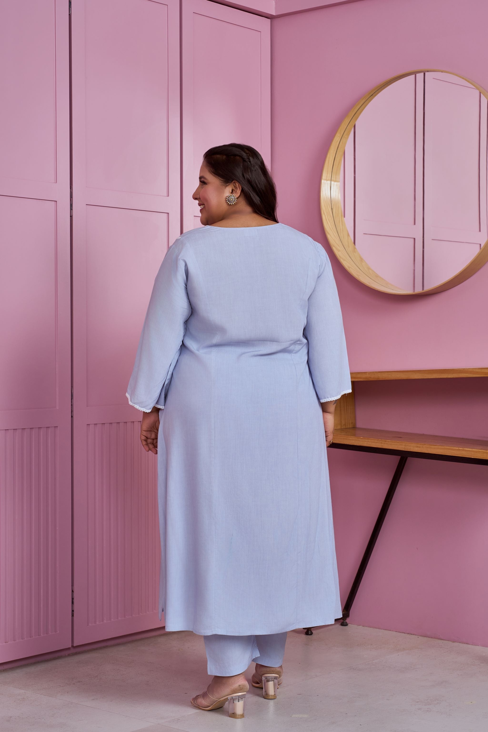 Women's Powder Blue Modal Kurta Set With Lace Accents (Set Of 2) - Nangalia Ruchira