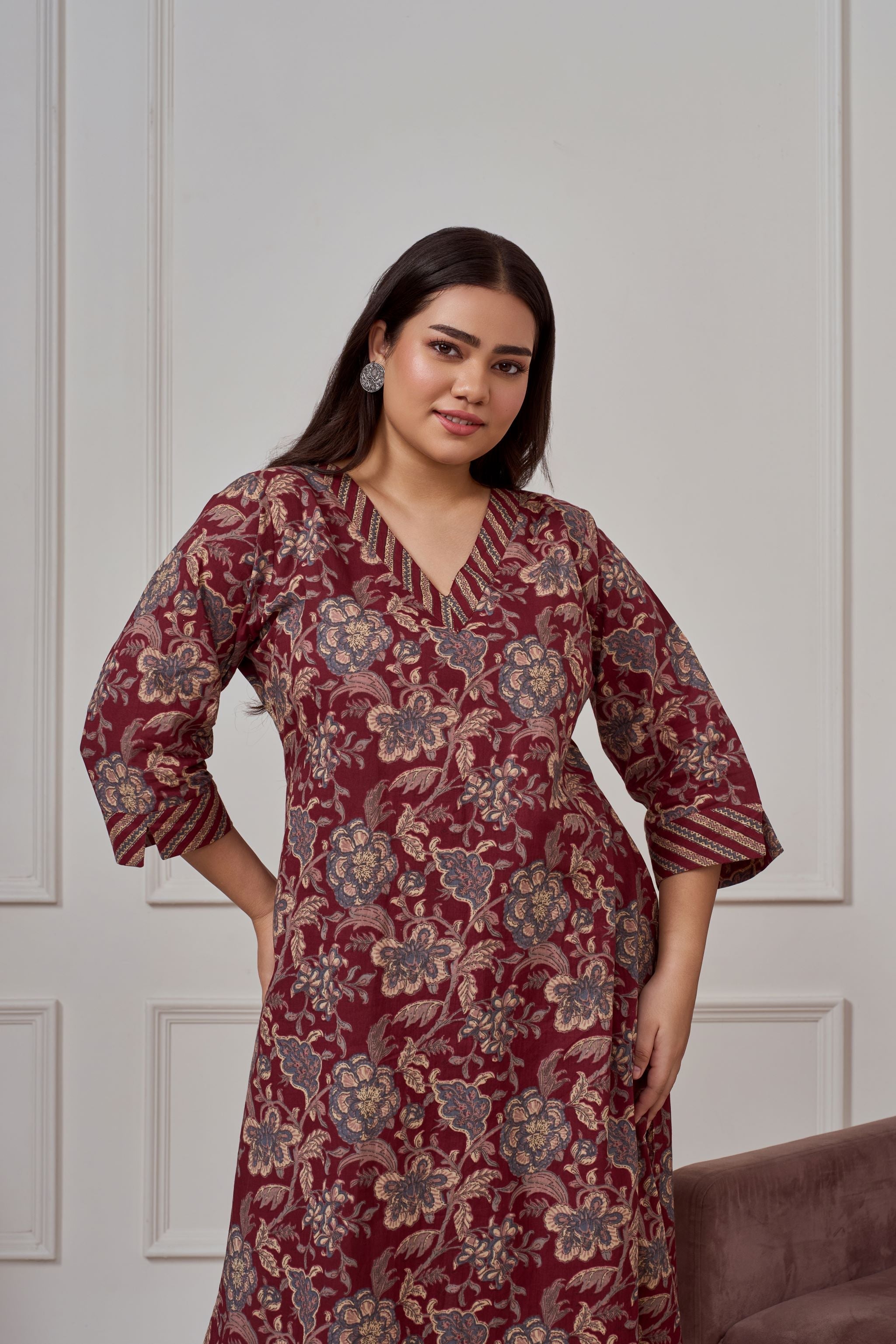Women's Maroon Bagru Print Cotton Kurta Set(Set Of 2) - Nangalia Ruchira