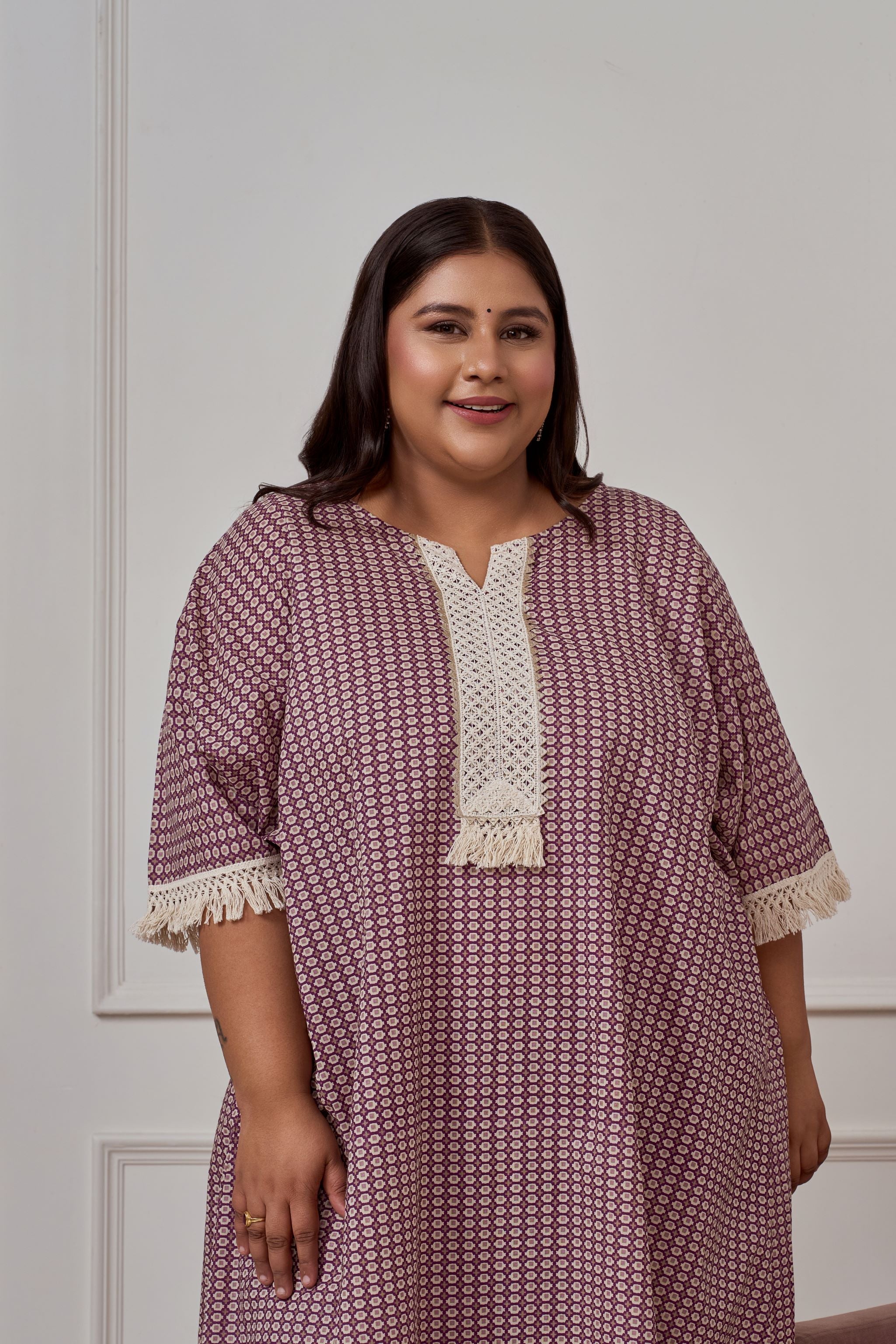 Women's Wine Geomtric Print Co-Ord Set With Lace Accents - Nangalia Ruchira