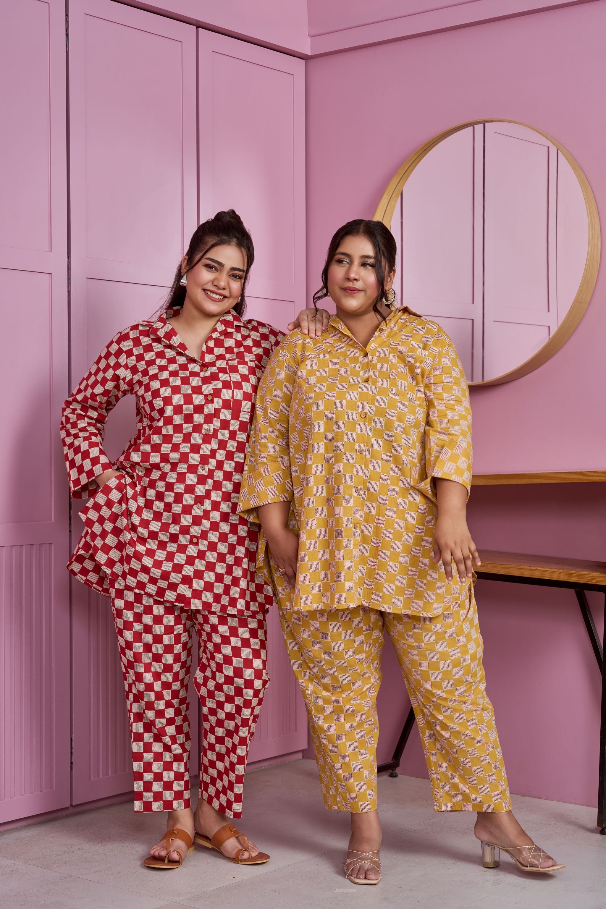 Women's Red-White Checkered Print Cotton Co-Ord Set - Nangalia Ruchira