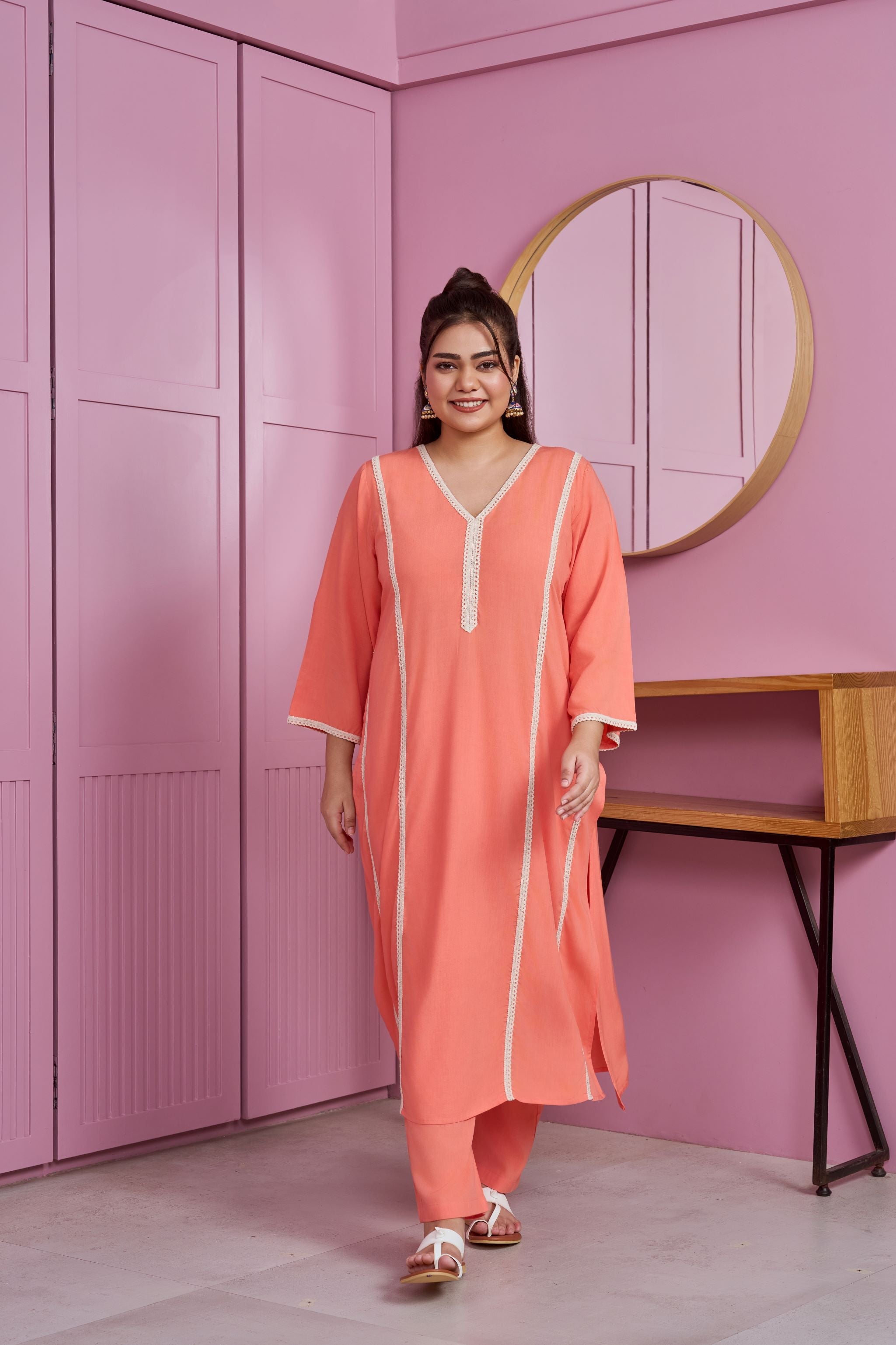 Women's Coral Peach Modal Kurta Set With Lace Accents (Set Of 2) - Nangalia Ruchira