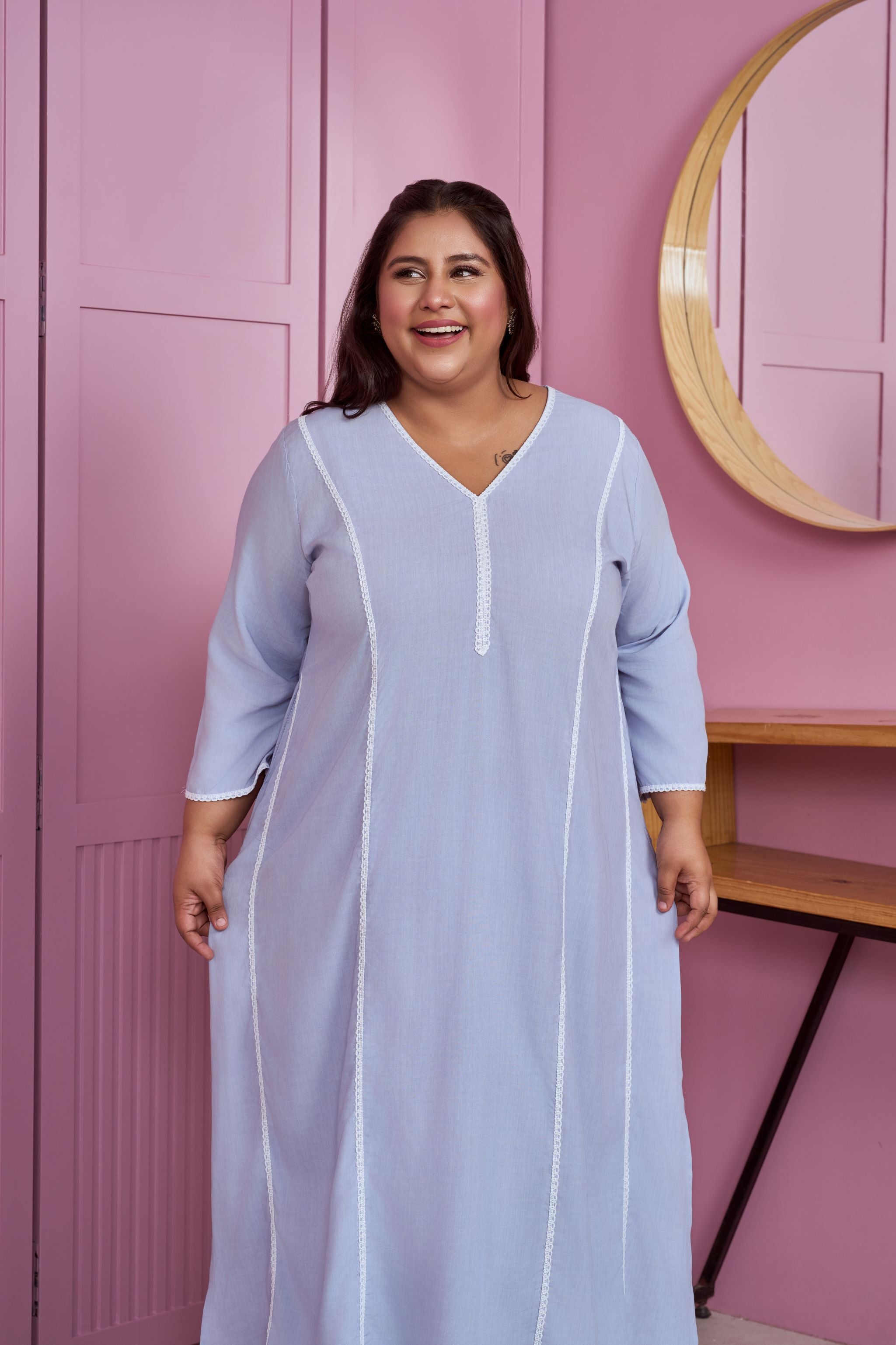 Women's Powder Blue Modal Kurta Set With Lace Accents (Set Of 2) - Nangalia Ruchira