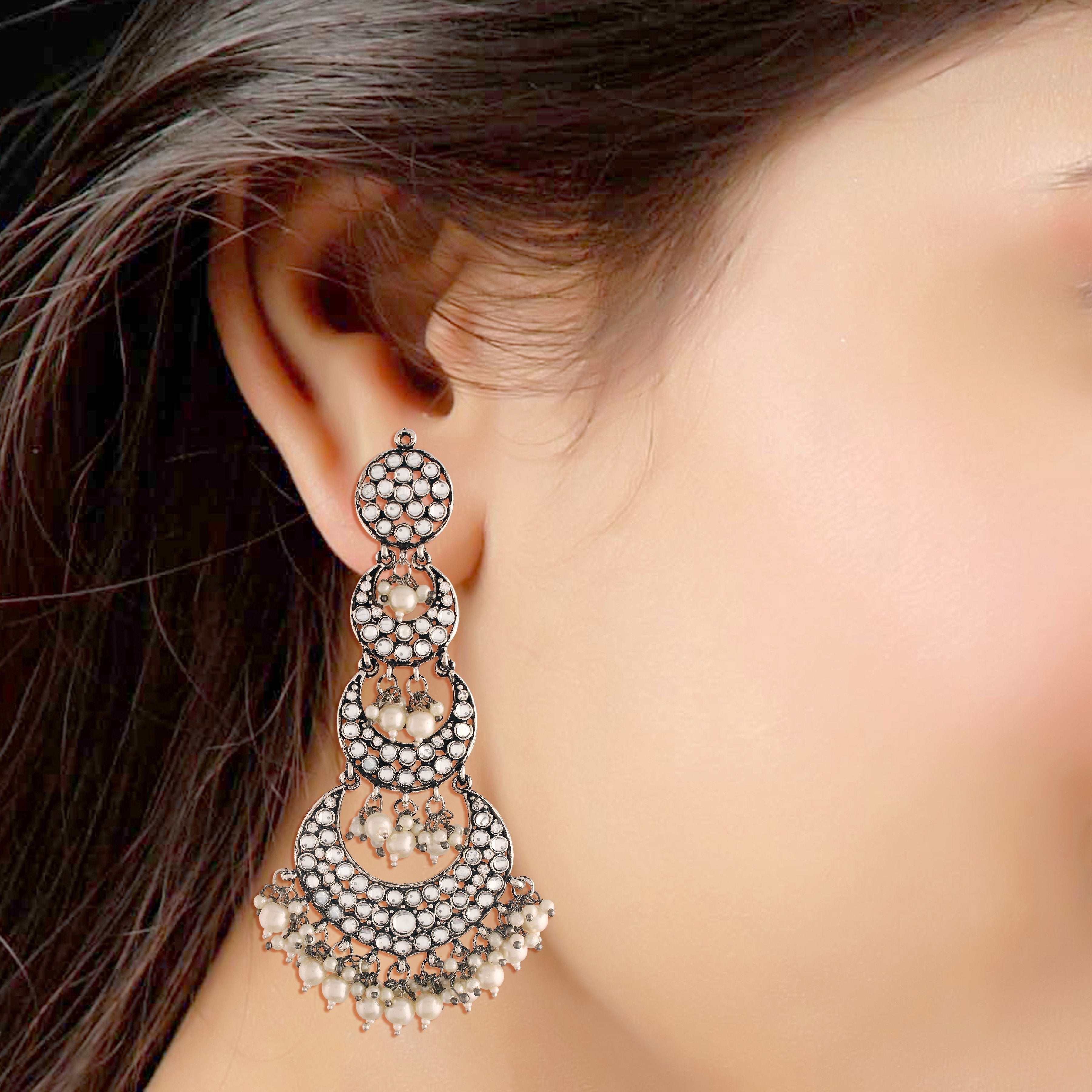 Women's  Silver Oxidised Earrings With Hair Chain Encased With Kundans & Pearls