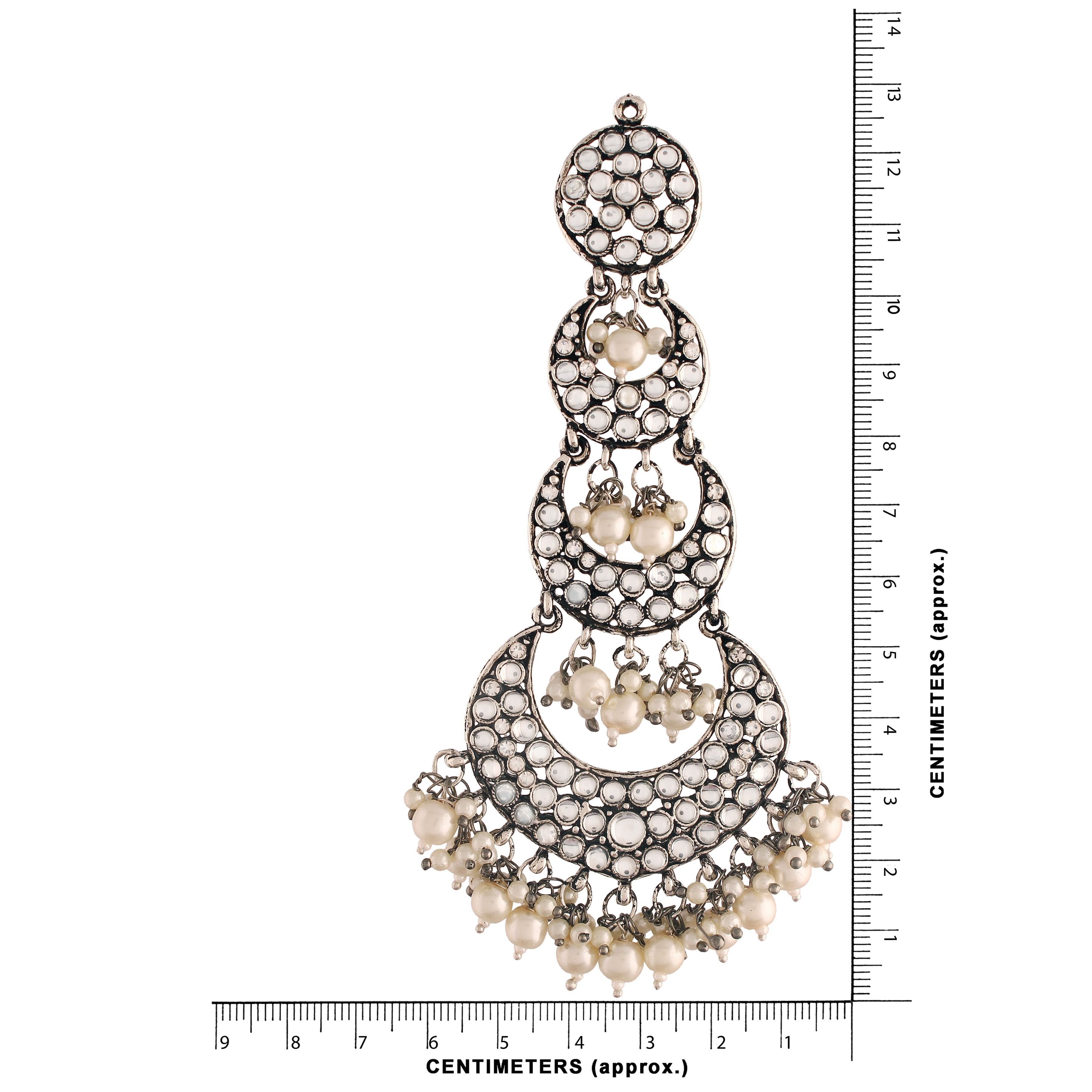 Women's  Silver Oxidised Earrings With Hair Chain Encased With Kundans & Pearls