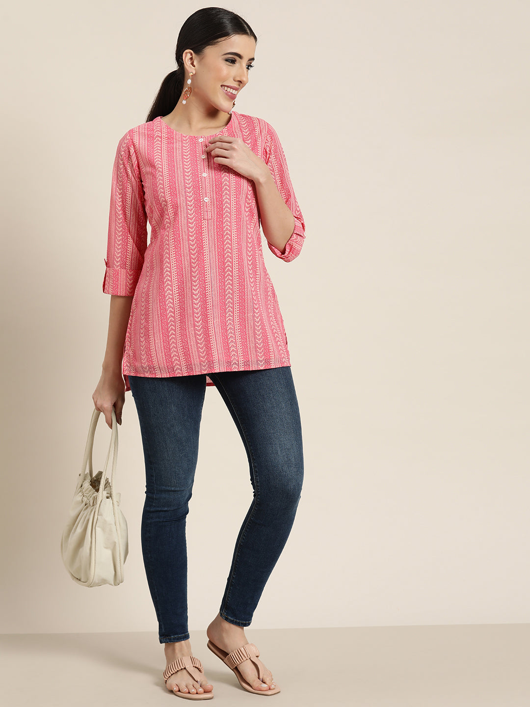 Women's  Pink Georgette Printed High-Low Tunic