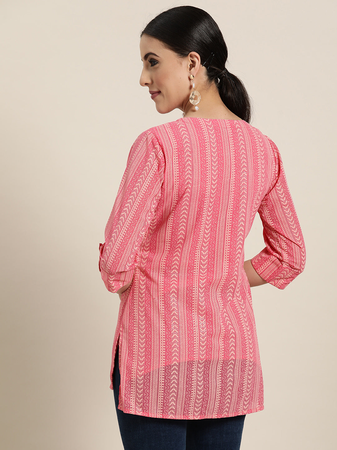 Women's  Pink Georgette Printed High-Low Tunic - Final Clearance Sale