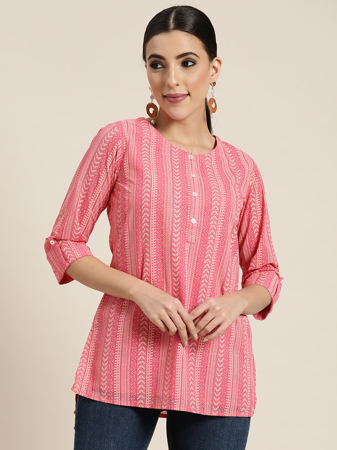 Women's  Pink Georgette Printed High-Low Tunic