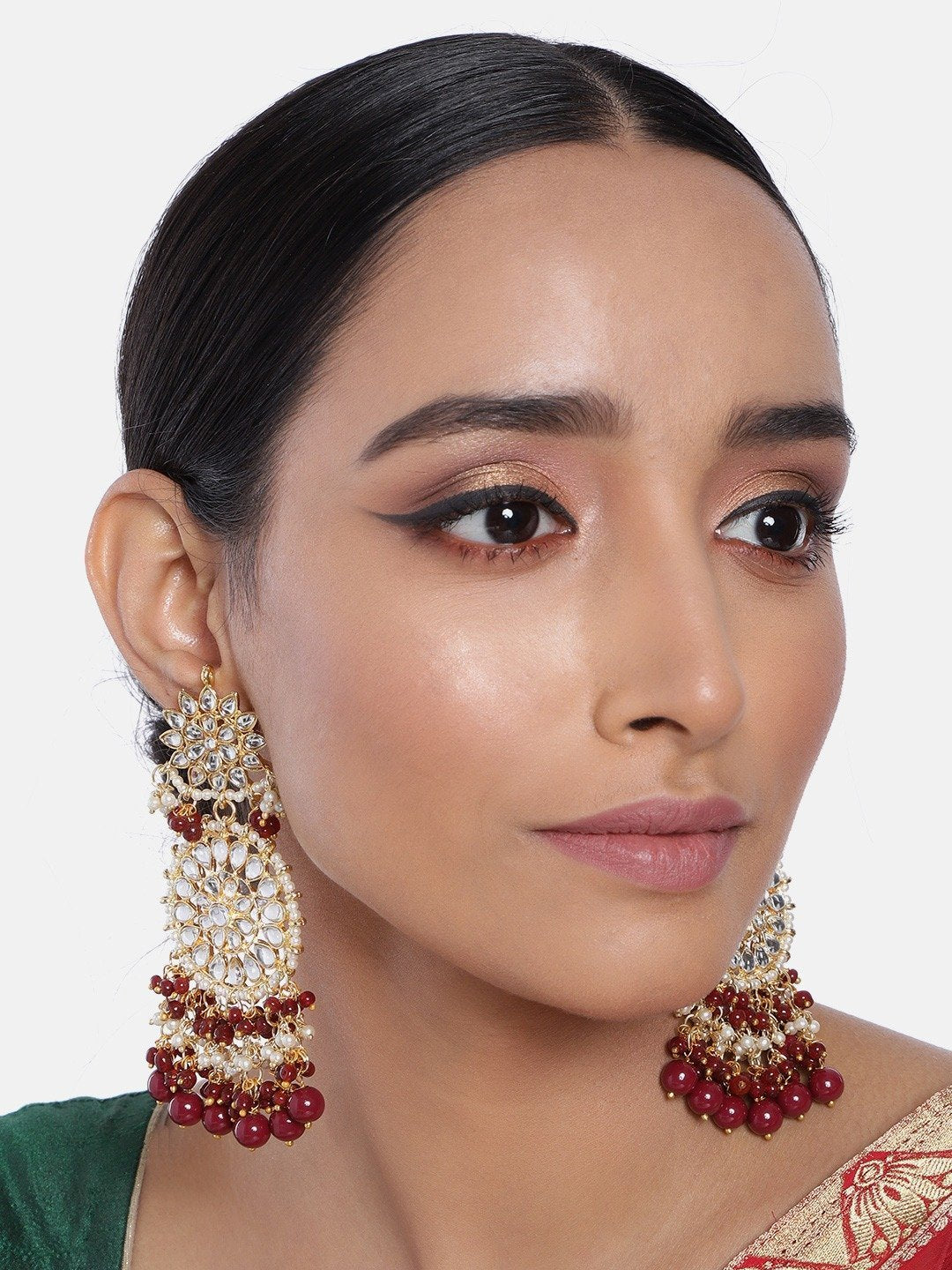 Women's  Gold Plated Maroon Drop Earrings Glided With Kundans & Pearls