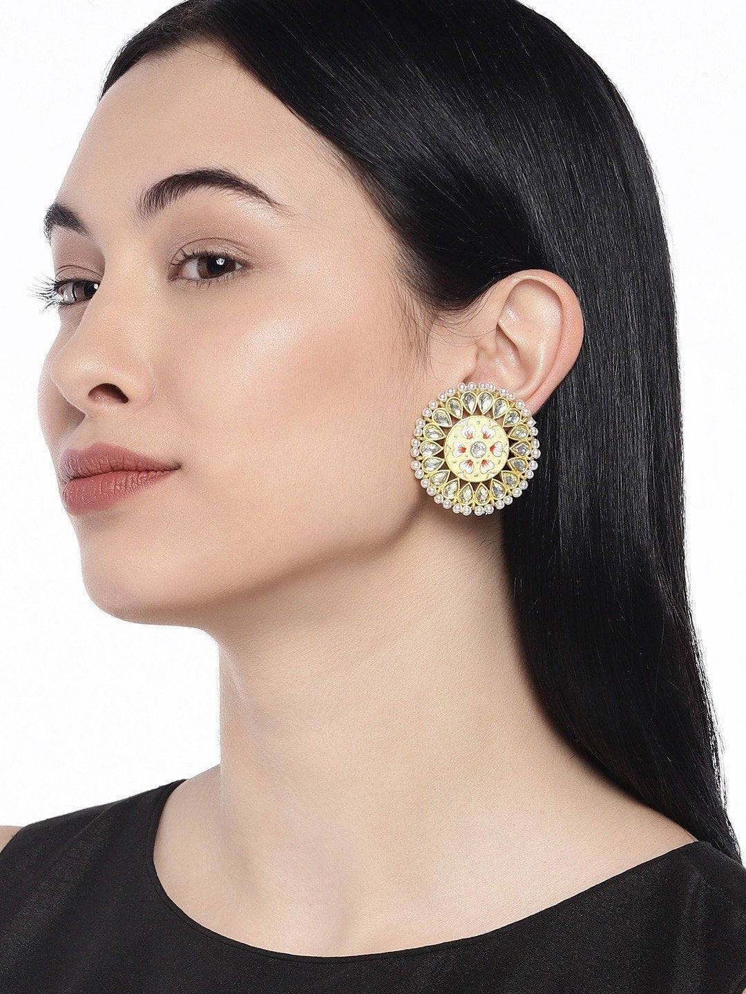 Women's  Gold Plated Round Kundan Pearl Meena Work Handcraft Cream Stud Earring