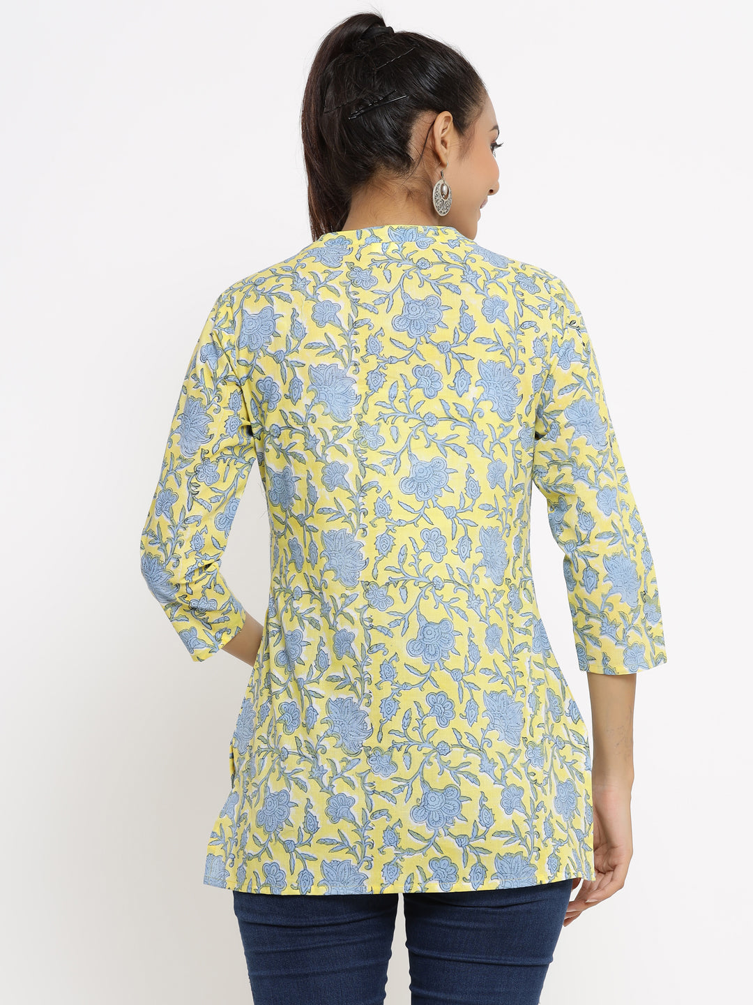 Women's Self Desgin Rayon Fabric Short Kurta Yellow Color