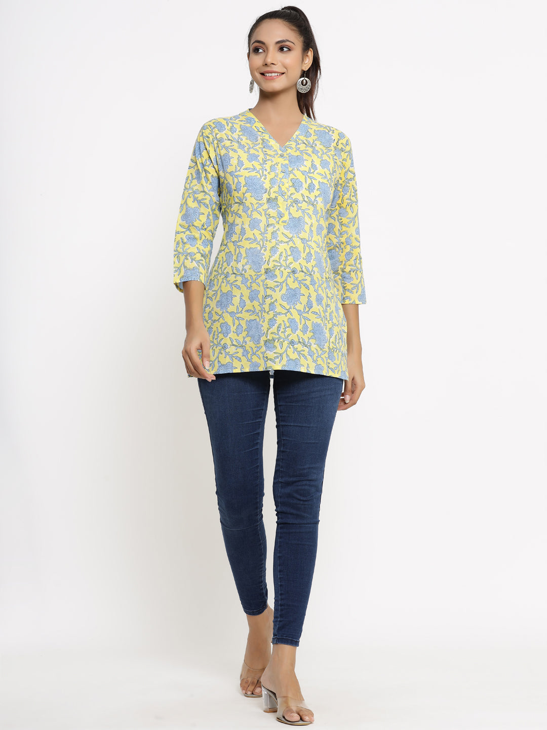 Women's Self Desgin Rayon Fabric Short Kurta Yellow Color