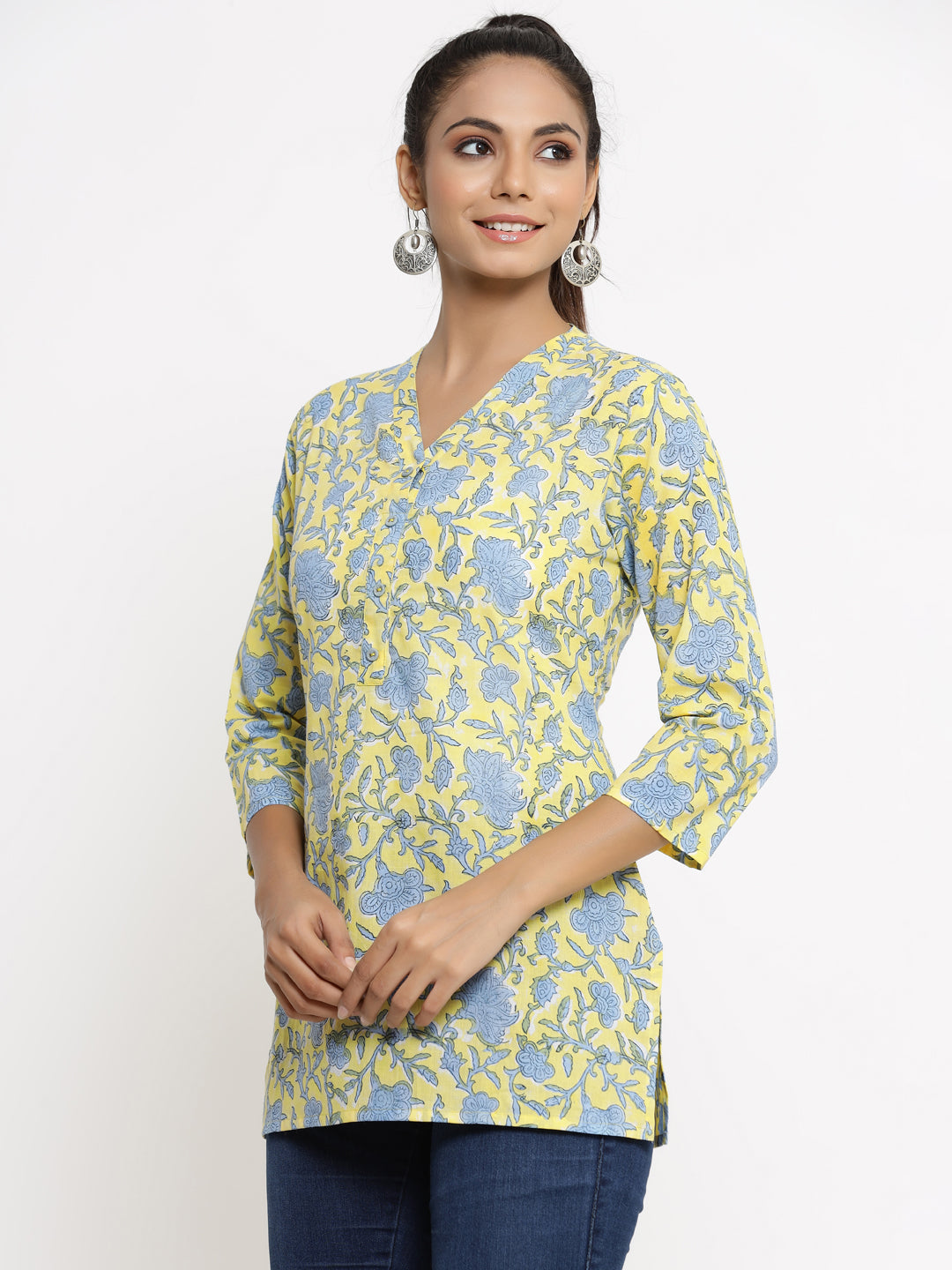 Women's Self Desgin Rayon Fabric Short Kurta Yellow Color