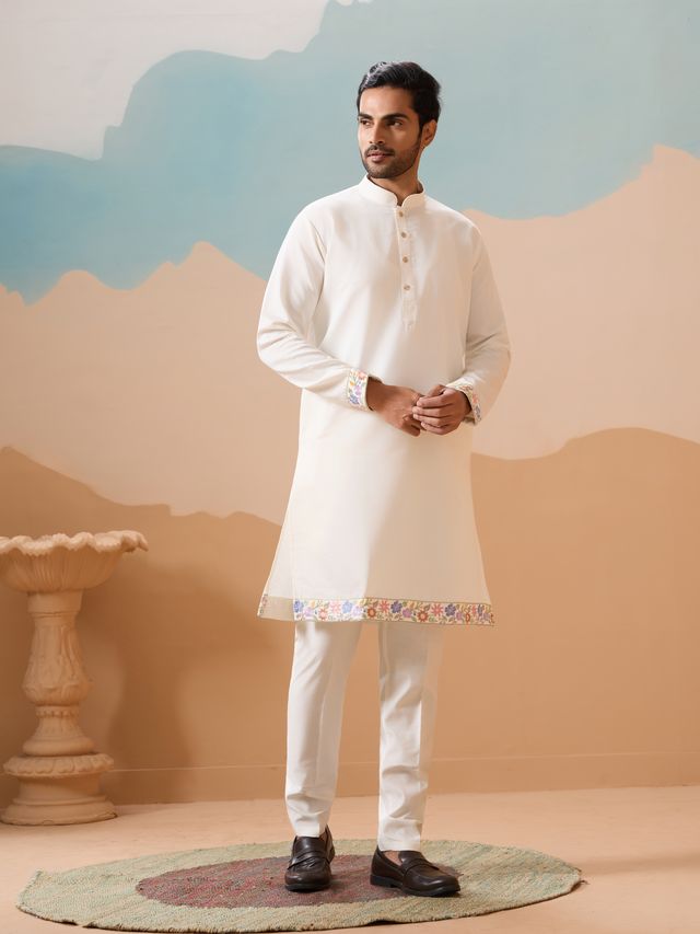 Men's White Viscose Silk Multi Thread With Sequence Embroidered Work Kurta Set