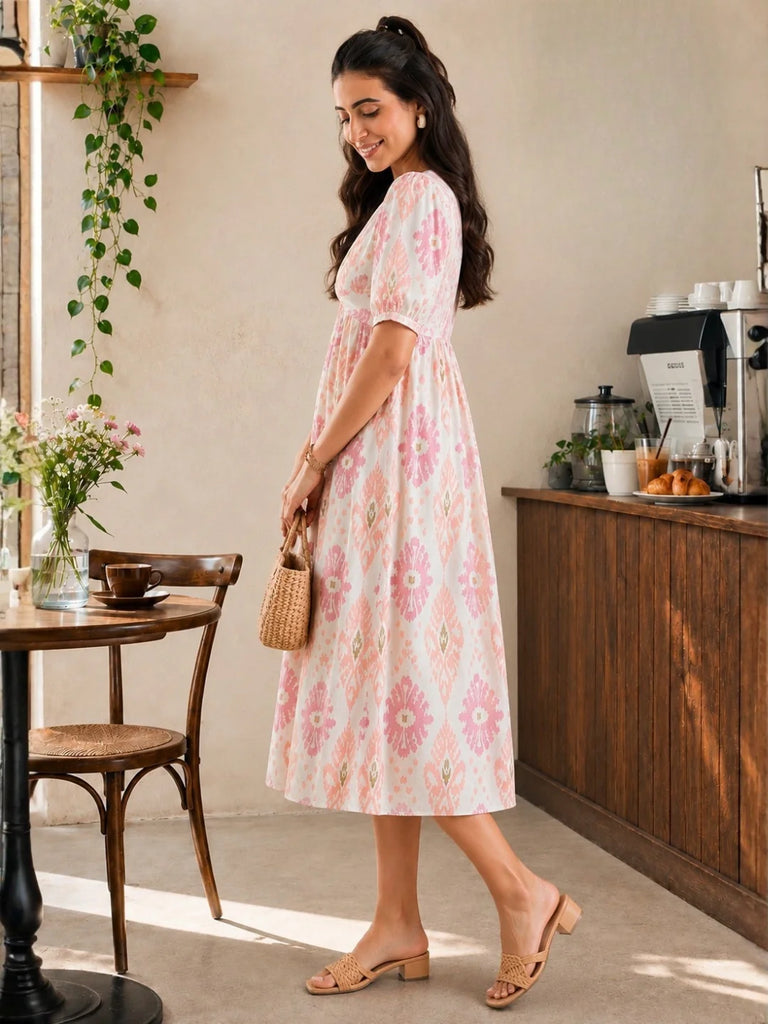 Women's Cotton Ikat Printed Knotted Midi Dress