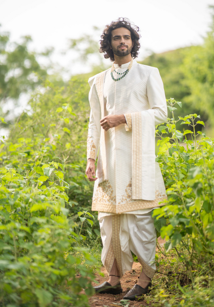 Men's Cream Gold Embroidered Sherwani
