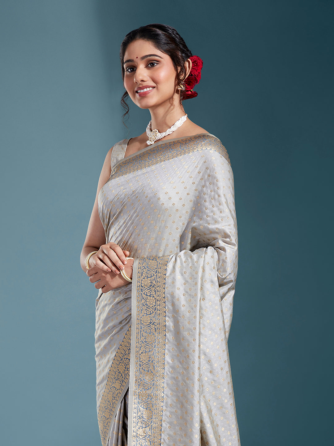 Women's Silver & Gold Satin Paisley Zari With Beautiful Ethnic Motifs Banarasi Saree - Royal Dwells