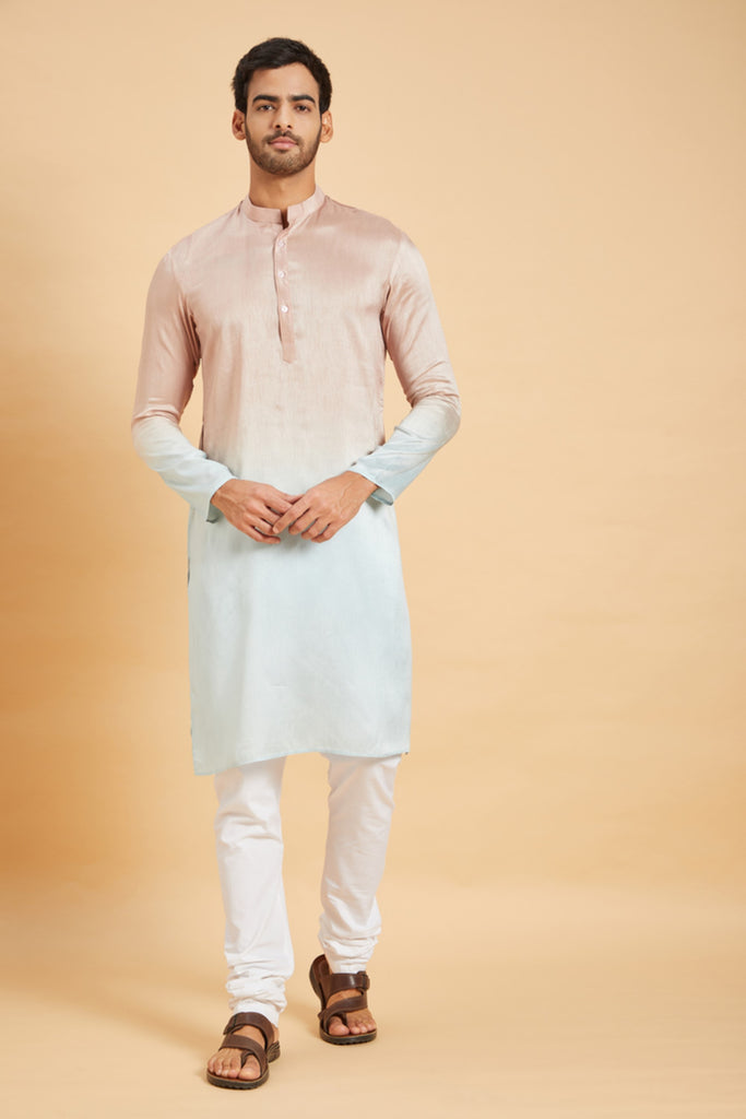 Men's Pink Color Glidden Ombre Kurta Without Slit Silk