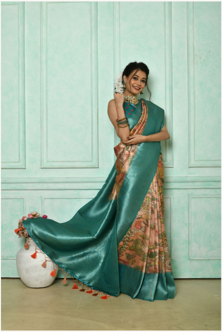 Women's Peach Woven Cotton Silk Saree with Tassels - Vishnu Weaves