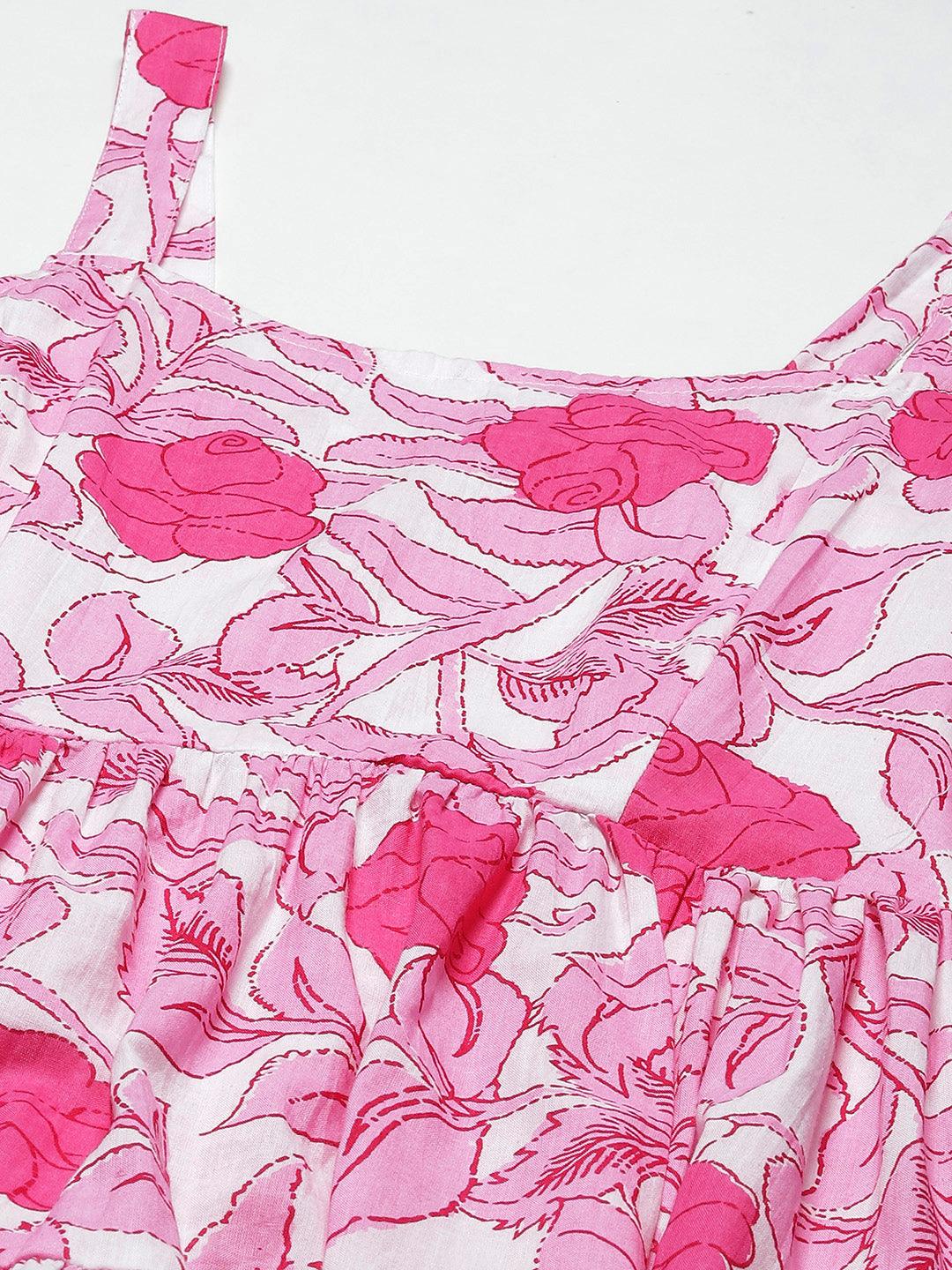 Women's white & Pink Floral Shoulder Strip Long Dress