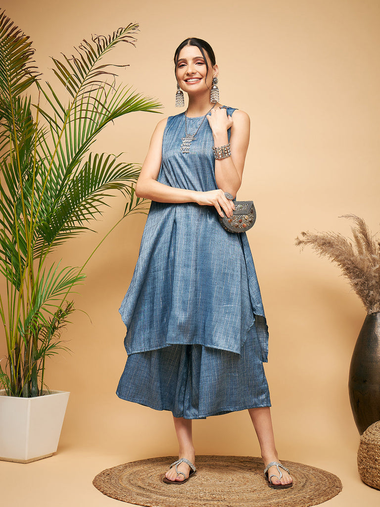 Women's Blue Lurex Short Pallazo Kurta Set