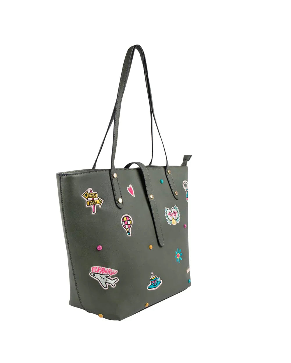 Embroidered Travel Patches Tote Bag - Olive - Chumbak