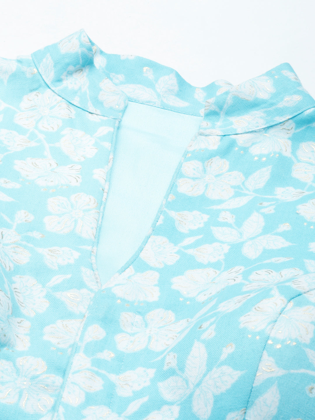 Women's Turquoise Blue-Toned Cotton Silk Applied Foil And Floral Print With Collar Neck Readymade Blouse - Royal Dwells