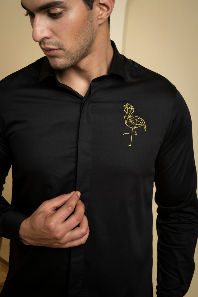 Men's Black Color Perto Crane Shirt Full Sleeves Casual Shirt