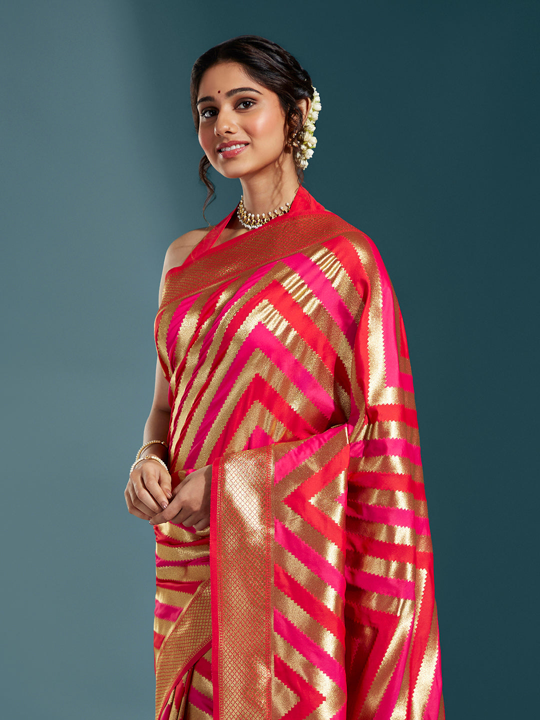 Women's Red & Gold Satin Paisley Zari With Beautiful Leriya Banarasi Saree - Royal Dwells