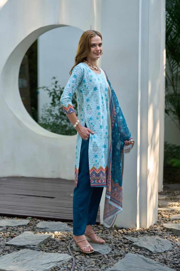 Women's Sky Cotton Chikankari Kurta Set
