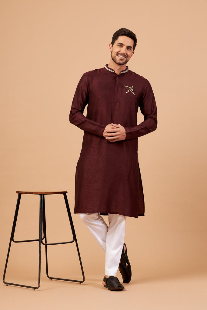 Men's Maroon Color Adira Gold Zari Embroidered Kurta Semi Raw Silk Mix