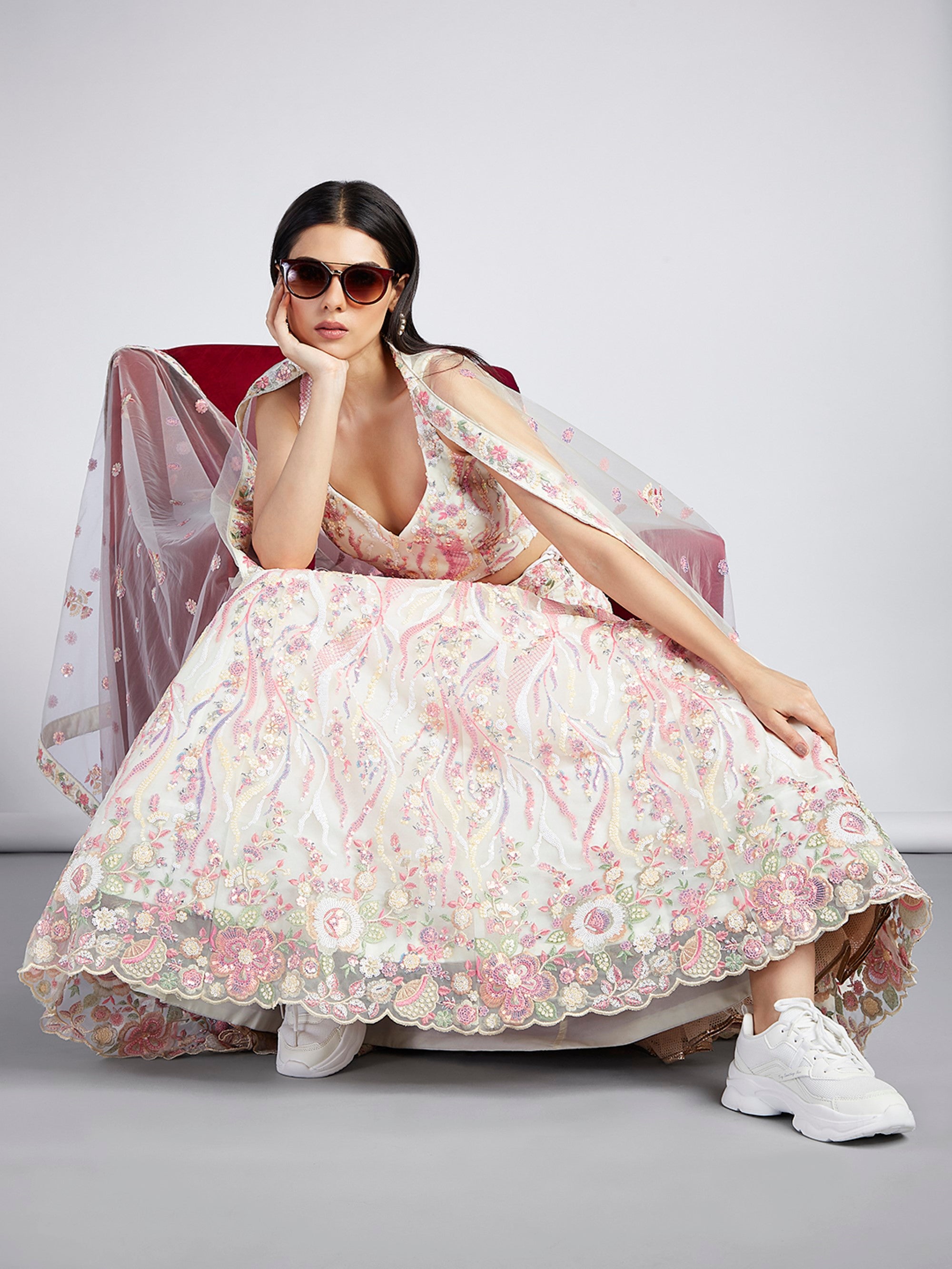 Women's Cream Net Sequins And Thread Embroidery Lehenga Choli & Dupatta - Royal Dwells