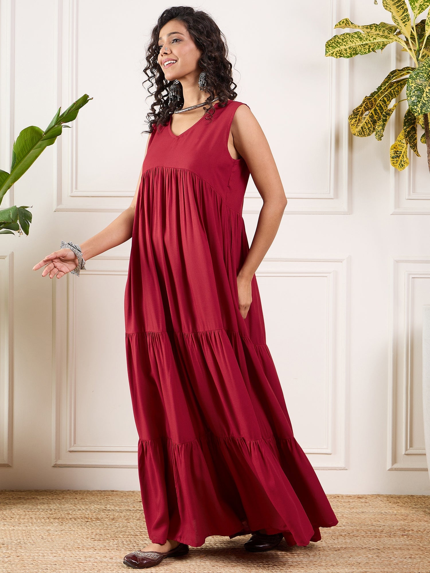 Women's Maroon V Neck Sleeveless Long Tiered Dress - InWeave