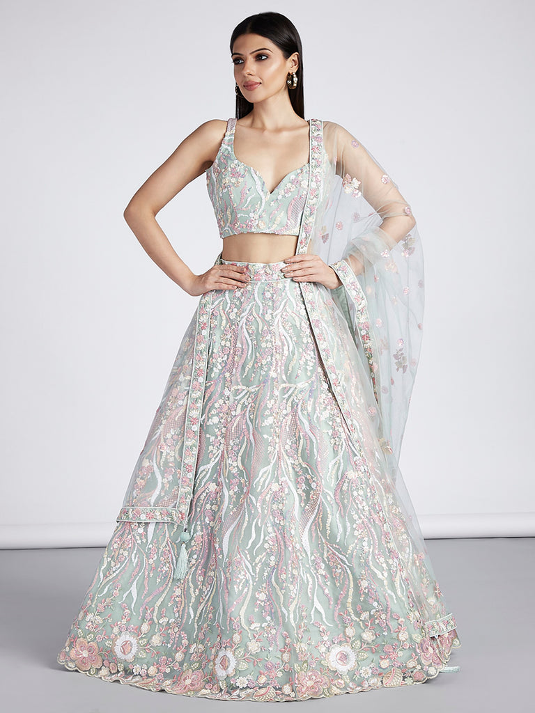 Women's Lime Green Net Sequins And Thread Embroidery Lehenga Choli & Dupatta
