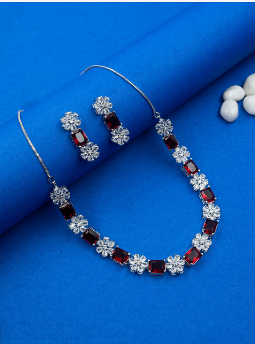 Women's Minimalist American Diamond Necklace Set with Push-Back Earrings