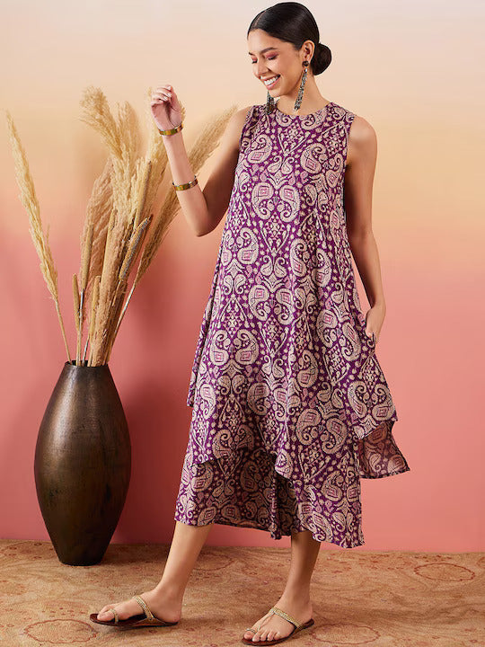 Women's Dusty Mauve Paisley Round Neck Kurta Short Palazzo Set