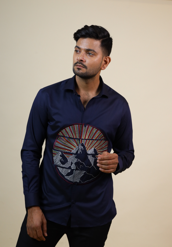 Men's Navy Color Keitha Designer Mountain Embroidered Shirt Full Sleeves Casual Shirt