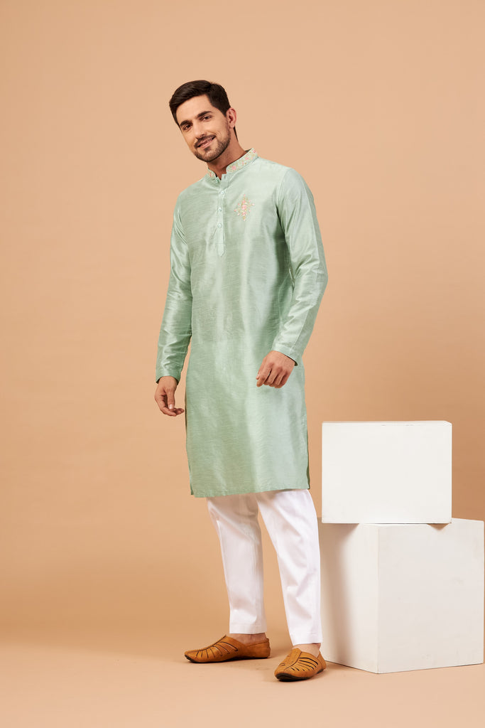 Men's Pastel Green Color Amil Traditional Embroidered Kurta Semi Raw Silk Mix