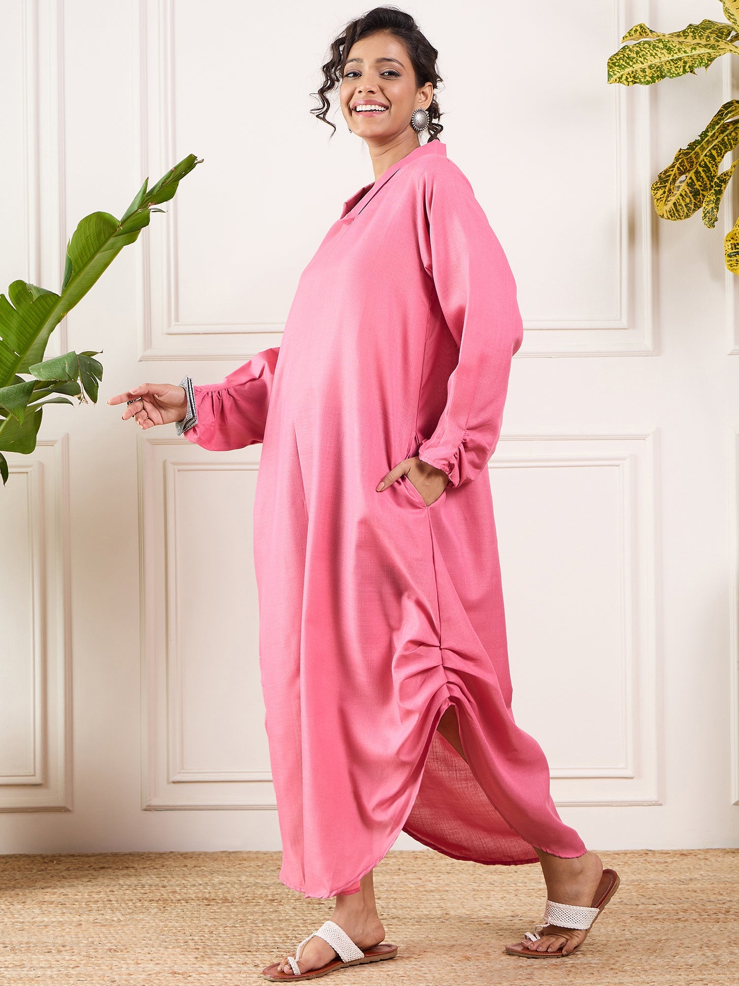 Women's Bright Pink Shawl Neck Long Side Pleat Dress - InWeave